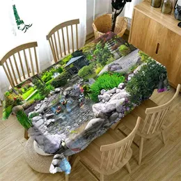 Beautiful Manor Flower and Brook Thicken Cotton Tablecloth 3d Green World Seascape Washable Cloth Rectangular Round Table 210626