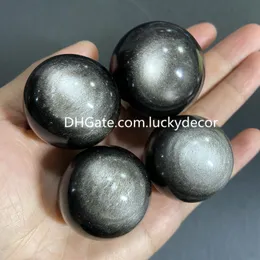 Natural Black Silver Sheen Obsidian Crystal Sphere Orb Crafts Rare Spiritual Reiki Healing Protective Stone Balls for Decoration, Meditation, Feng Shui, Hand-Made