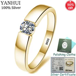 YANHUI 100% Original 925 Solid Silver Golden Engagement Wedding Rings with Cubic Zirconia Fine Jewelry for Men Women R16 211217