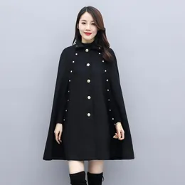 Женская шерстяная смесь 2021 осень зима женщины элегантные черные мыс теплые шерстяные пальто средней длины шаль винтаж свободно плащ рождество