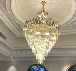 Nowoczesny Luksusowy Golden K9 Kryształowy Żyrandol LED Hotel Hall Salon Schody Schody Wiszące Lampy Wisiorek Europejski Duży Oświetlenie
