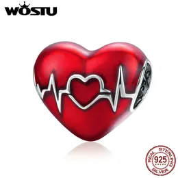 Wostu 925 Sterling Silver Love Heartbeat Charme Vermelho Esmalte Esmalte Fit Mulheres Pulseira DIY Jóias Fazendo Q0531