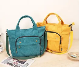 Shoulder Bags Corduroy Shoulder Bag Women Vintage Shopping Bags Zipper Girls Student Bookbag Handbags Casual Tote With Outside Pocket 202 yellow School bag