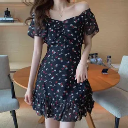 WOMENGAGA Summer Tops Mini Dress French Korean Elegant es Fashion Square Collar Slim Sexy Floral Women QN8U 210603