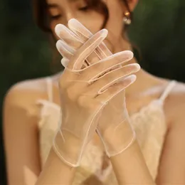 Fem fingrar handskar vit svart silke Korta kvinnor sommar spets mesh gasbind ultra tunn vintage elegant opera transparent festhandske
