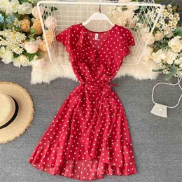 Summer Kleid Polka Dot Chiffon Dress Fashion Ladies V Neck Ruffles Bandage Dreses Women Bodycon Short Robe Vestidos 210525