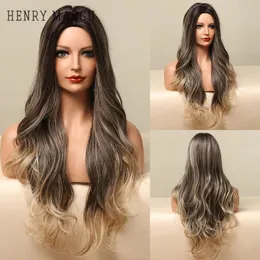 Synthetic Wigs HENRY MARGU Long Ombre Black Brown Blonde Ash Natural Body Wave For Women Cosplay Heat Resistant Hair Wig