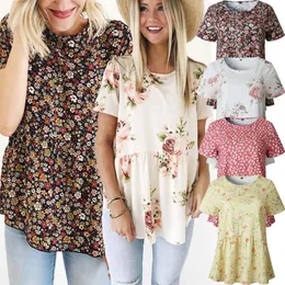 Damska koszulka T-shirt Topy Kobiet Moda Krótki Rękaw Casual O-Neck Plised Floral Print Dla Duszy Dropship