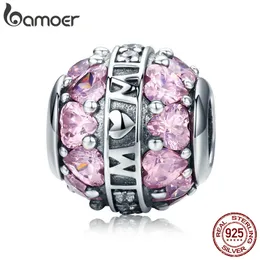 BAMOER 100% 925 Sterling Silver Mom Love in Heart Pink CZ Charm fit Women Charm Bracelet & Necklace Jewelry Mother Gift SCC580 Q0531