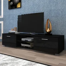 US Stock Home Furniture Black TV Stand för 70 tums TV -stativ, Media Console Entertainment Center TV -bord, 2 förvaringsskåp med öppna hyllor