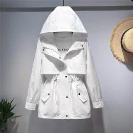 Trench da donna Giacca a vento Versione coreana corta Con cappuccio Vita larga Bianco Tempo libero Primavera e autunno Cappotto cargo piccolo da donna Streetwear