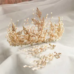 Mode Luxury Crown Wedding Headband Bridal Tiara Diadema Pearl Smycken Guldfärg Hårtillbehör Kvinnor Headpiece 211019
