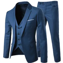 Suit + Vest + Pants 3 Pieces Sets / Men's One Buckle and Two Button Business Suits Blazers Jacket Coat + Trousers +Waistcoat X0909