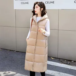 Hooded Solid Winter X-Long Thick Vest Jacket for Women Casual Loose Down Cotton Waistcoat Quilted Zipper Sleeveless 211120