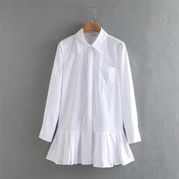 women solid color hem pleated white mini dress elegant long sleeve chic vestidos business clothing dresses DS3532 210623
