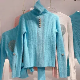 Novo design feminino espessamento gola alta mohair lã malha roupa de cama strass amor coração patchwork suéter top jumpers