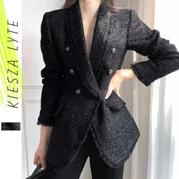 女性の黒いスーツのジャケットの女性秋冬韓国風のオフィスの女性厚いスリム・ツイードブレザーのundwear 210608