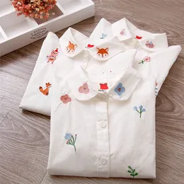 Girls Blouses Long Sleeve White Blouse Autumn Kids Clothes Girls 8 To 12 Cartoon Fox Embroidery Tops Cotton School Shirts 210306