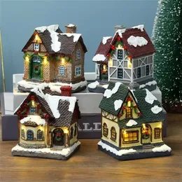 Christmas Scene Village House Statue with Warm LED Light Battery Operated Winter Snow Landscape Resin Building Miniature Figurin 211105