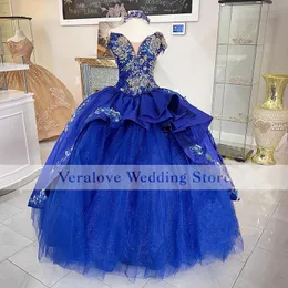 Royal Blue Vestidos de 15 años quinceanera Klänningar Broderi Beaded Sweet 16 Dress Applique Bow Long Ball Gown Prom Crows