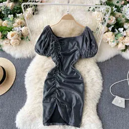 Shinning Night Club Dress Sexig Vestidos Puff Short Sleeve O-Neck Drawstring Ruched Mini Bodycon Casual Korean 210603