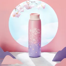 Japansk stil Sakura bärbar termos isolerad kopp 304 rostfritt stål vakuum rese kaffemugg Cherry Blossom Tumbler 211109