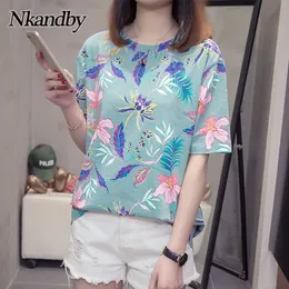 Nkandby flor impressão verão t-shirt para mulher moda casual manga curta senhoras tshirt novo bambu plus size tops básicos 4xl 210310