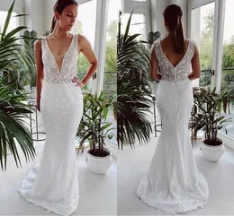 Sexy Deep V Neck Wedding Dresses Full Lace Sweep Train Mermaid Custom Made Plus Size Beach Wedding Bridal Gown robe de mariée