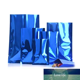 100 st/Lot Glossy Blue Open Top Aluminium Foil Bag tårskakan Platta påsar Värme Vakuumtätning Torkade frukter Nötter Bönpaket Puches