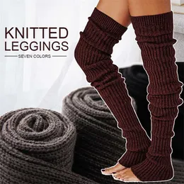 冬の長い暖かい脚の暖かい編み膝ハイソックスの女の子ブートトッパー靴下細かいストッキングニットかぎ針編みロングソックス211221
