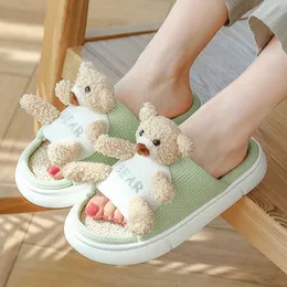 Kawaii Teddy Bear Slippers Home Slippers Women Casual Flax Cotton Room Floor Ladies Sandials Cartoon Plush Teddy Bear Shoes Y0902