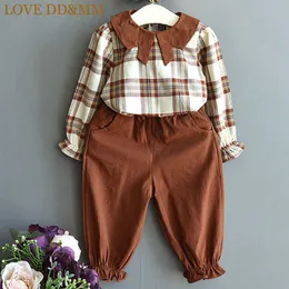 Miłość DDMM Dziewczyny Zestawy Wiosna Odzież dziecięca Dziewczyny Casual Plaid Koszula z długim rękawem + spodnie elastyczne Dwuczęściowy garnitur 210715