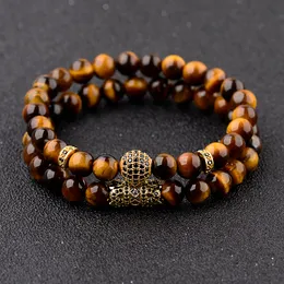 Bracelet par Avstånd Naturlig Tiger Eye Beaded Yoga Armband för män Kvinnor Geometriska Mikro-Inlaid Zircon Elastiska Smycken