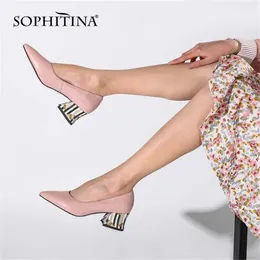 SOPHITINA Pumps Woman Orange Genuine Leather Upper Shallow Pointed Toe High Colorful Square Heel Office Lady Shoes PC987 211123
