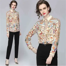 Frühling Sommer Mode Temperament Frauen drehen unten Kragen Blumendruck Vintage Langarm Casual Shirt Tops 210531