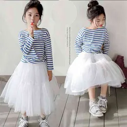 Vit Tutu kjolar för tjejer Barn Solid Lace Rosa Sommar Skirt Girl Cotton Blue Stripe T-shirts Princess Ball Gowns Kids 210622