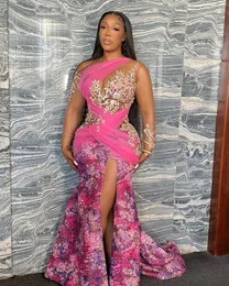 Aso Ebi Luxury Mermaid Formal Evening Dresses Glitter Sequins Floral Print Long Split Side African Prom Dress Illusion Bodice Special Occasion Gowns Pageant 2023