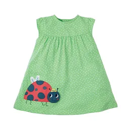 リトルマーブル新しい夏の子供服緑のカブトルトアップリケノースリーブドットOネックニット1-6yrsコットンガールベストドレスQ0716