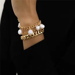 Tassel Imitation Pearl Charm Braclets Металлические Три Части Толстые Ручные Цепочки Женщины Панк Платье Носить Браслет Ювелирные Изделия Комплекты Аксессуары