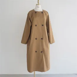 Women's Trench Coats 2021 Autumn Japanese-Korean Temperament Solid Color Round Collar Long-Style Casual Jacket Girl