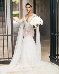 Luxury Mermaid Wedding Dresses Big V Neck Long Sleeves Tulle Long Cloak Train Sexy Beaded Crystal Bridal Aso Ebi Wedding Gowns