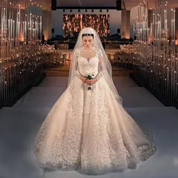 Abiti da sposa Church A Line 2022 Applicazioni in pizzo Collo trasparente Abiti da sposa taglie forti Schiena aperta Arabo Dubai Manica lunga Vestido De Novia 322