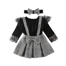 1-6Y幼児子供女の子ベビー服セットブラックロングスリーブレースTシャツトップス+格子縞のフリルスカートオーバーオールスプリングガールコスチューム211021
