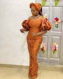 Arabiska Aso Ebi Off Shoulder Sjöjungfru Balklänningar 2021 Orange Spets Långa ärmar Plus Size Formell Fest Andra Reception Aftonklänning