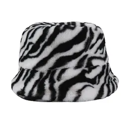 Wide Brim Hattar Kvinnor Vintage Leopard Zebra Print Bucket Hat Winter Fuzzy Plush Fisherman Cap XX9D