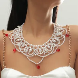 Luxury Design Handmade Beaded White Simulated Pearl Big Necklaces For Women Red Resin Water Drop Shape Pendant Wedding Necklace