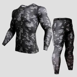 men sports set tracksuits compress shirt fitness pants skin tight long sleeves rashguard training clothes mma gym yoga sui Y1221