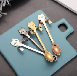 Café de aço inoxidável colher de chá mini gato longo punho creativo colher bebendo ferramentas cozinha gadget talheres tableware sn6184