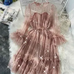 Kadın O-Boyun Yıldızları Payetli Örgü Parlak Peri Dres Zarif Bling Gazlı Bez Prenses Puf Elbiseler Vestidos De Fiesta 210623