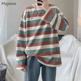 T-shirts Men Striped Long Sleeve Tops Oversize Panelled Ins All-match Retro Autumn New Fashion Male T Shirt Loose Bottoming Tees G1222